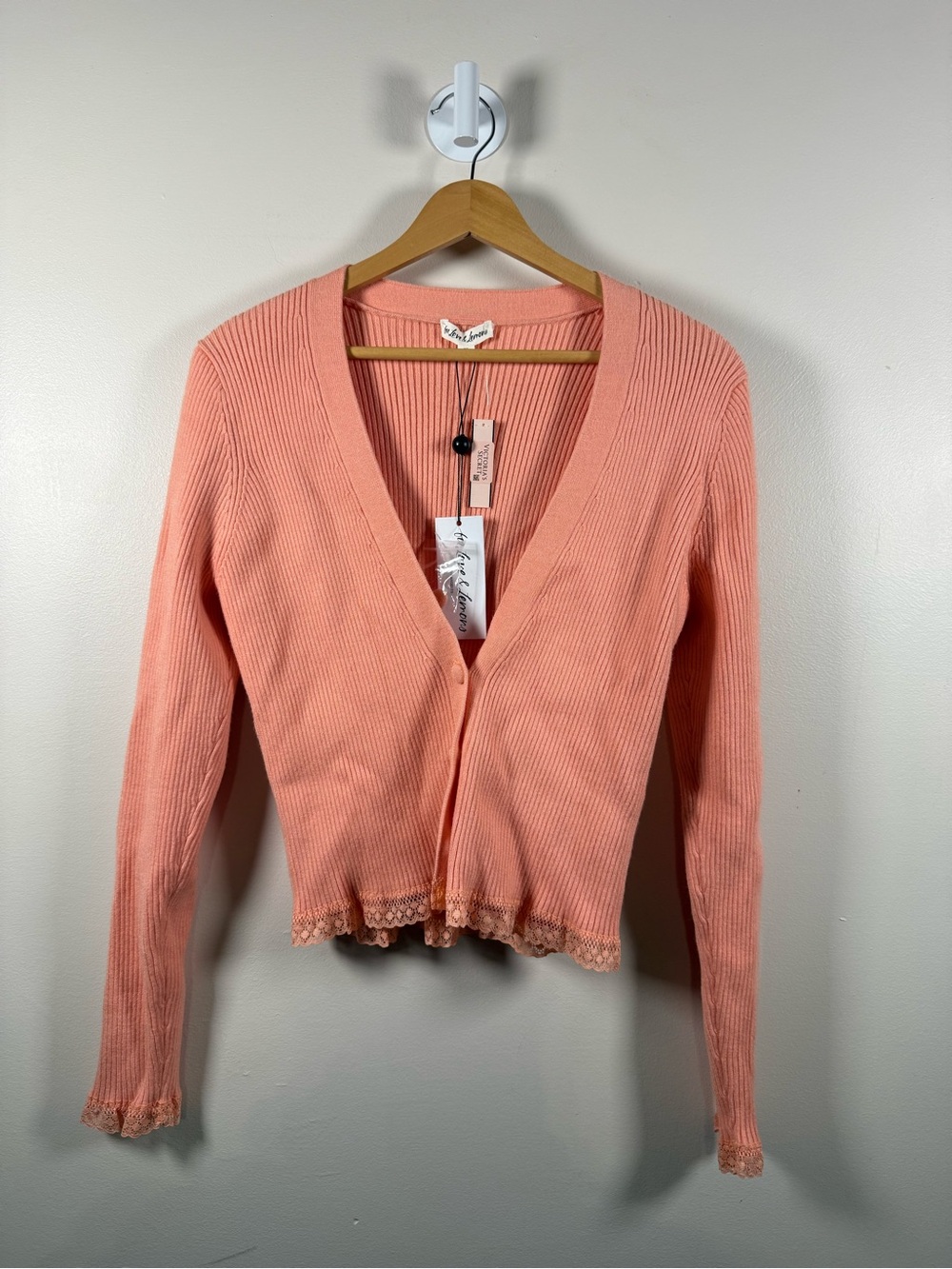 For Love & Lemons Coral Pink V-Neck Waffle Cardigan